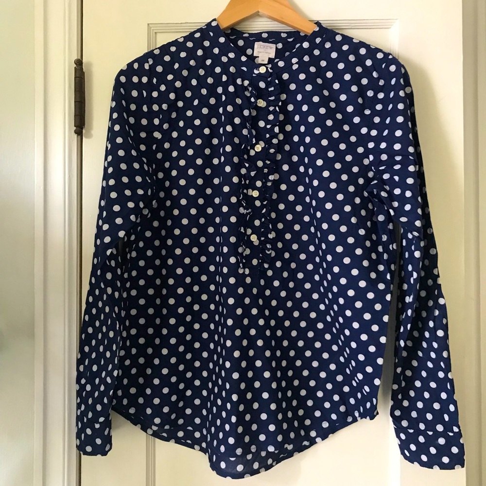 J Crew- Cotton Polka Dot Blouse w/Ruffle Detail- Size M- Navy & White